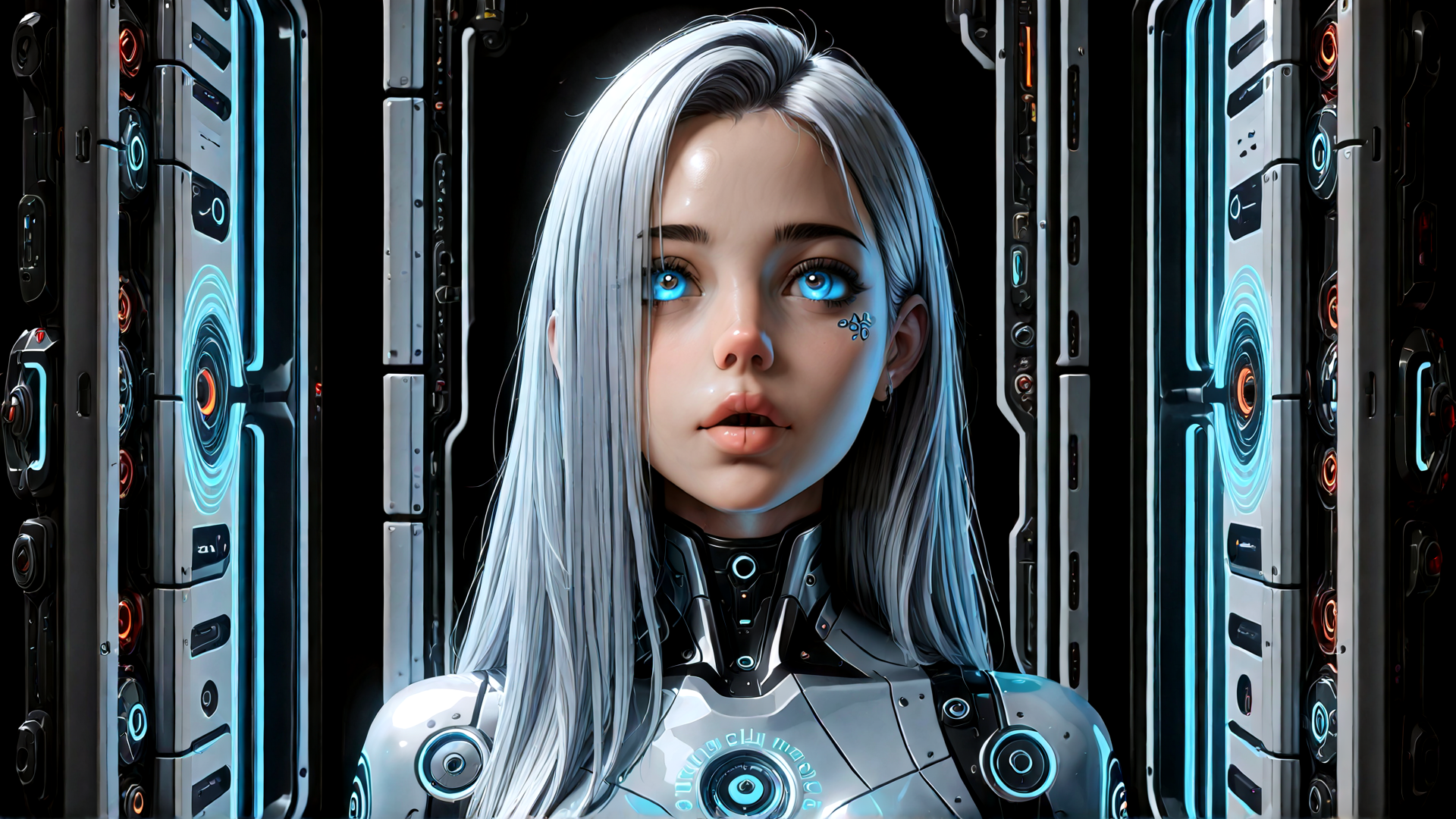 AI generated wallpaper featuring cyborg, woman, robot, neon, futurism, gears, lighting, interface, glow, digital