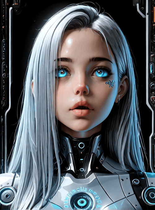 cyborg, woman, robot, neon, futurism, gears, lighting, interface, glow, digital