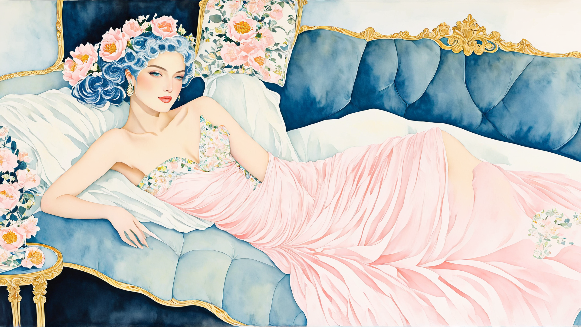 AI generated wallpaper featuring woman, bed, dress, flowers, pillow, mirror