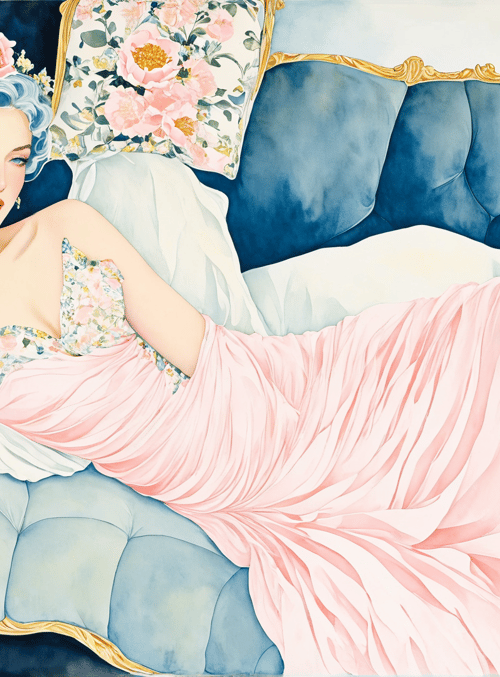 woman, bed, dress, flowers, pillow, mirror