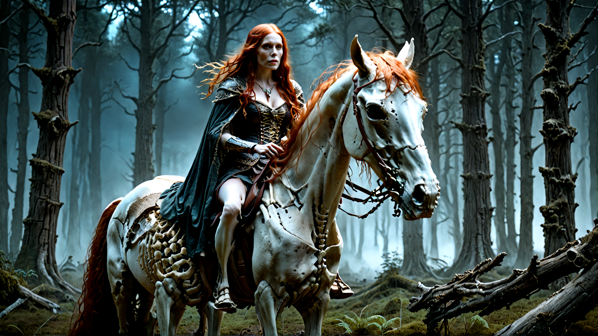 AI generated wallpaper featuring woman, horse, forest, skeleton, redhair