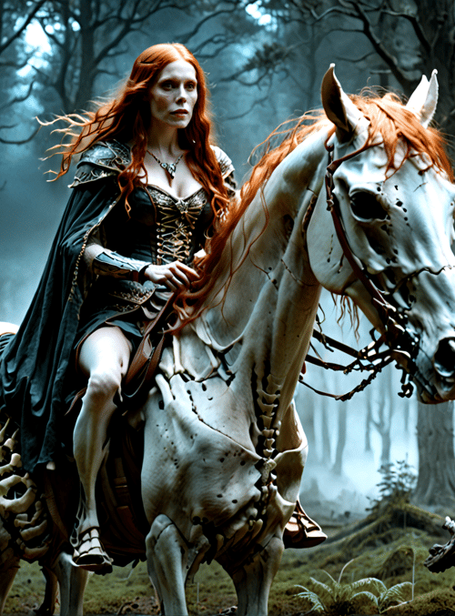 woman, horse, forest, skeleton, redhair