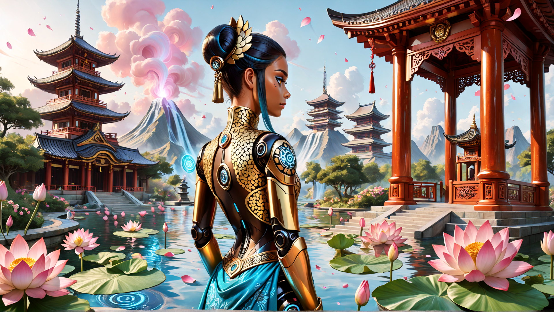 AI generated wallpaper featuring woman, lotus, pagoda, mountain, water, dragon, cherry blossom, fountain, sailboat, tree