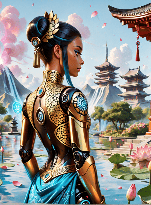 woman, lotus, pagoda, mountain, water, dragon, cherry blossom, fountain, sailboat, tree