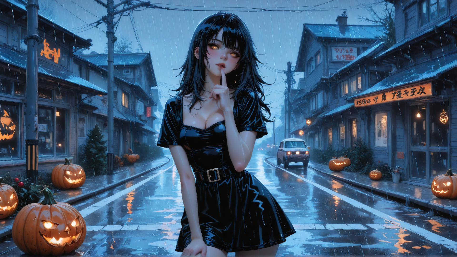 AI generated wallpaper featuring woman, pumpkin, street, car, building, rain