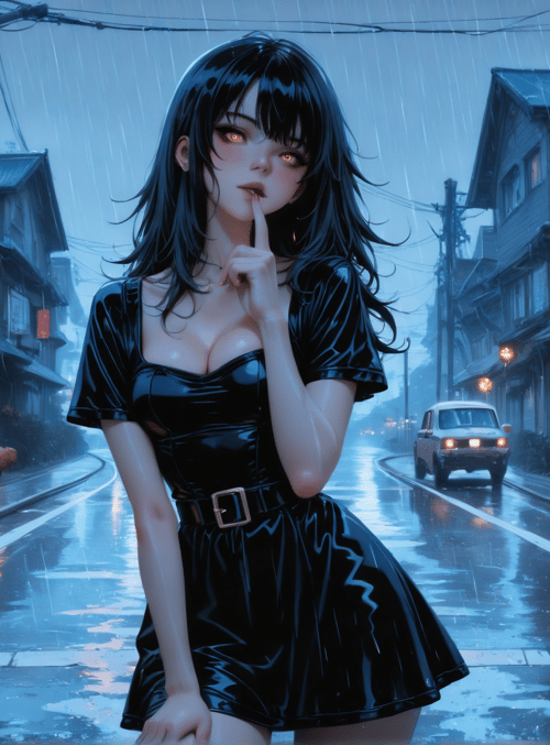 woman, pumpkin, street, car, building, rain