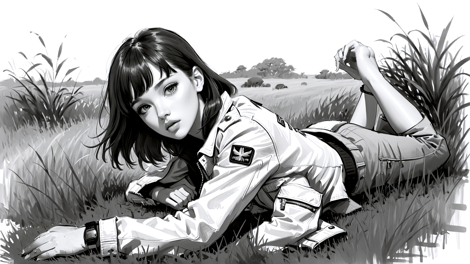 AI generated wallpaper featuring girl, woman, grass, jacket, field, plants, watch, clothes, landscape, arm
