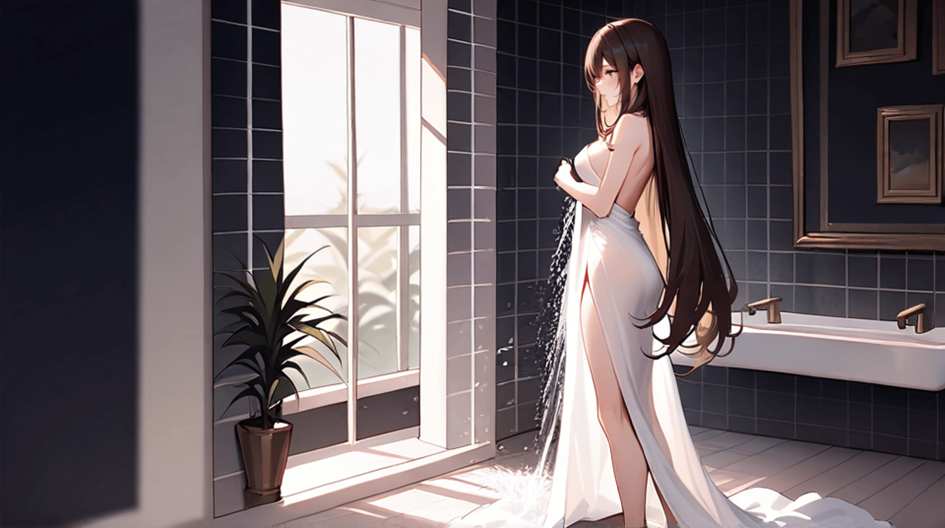 AI generated wallpaper featuring woman, dress, bathroom