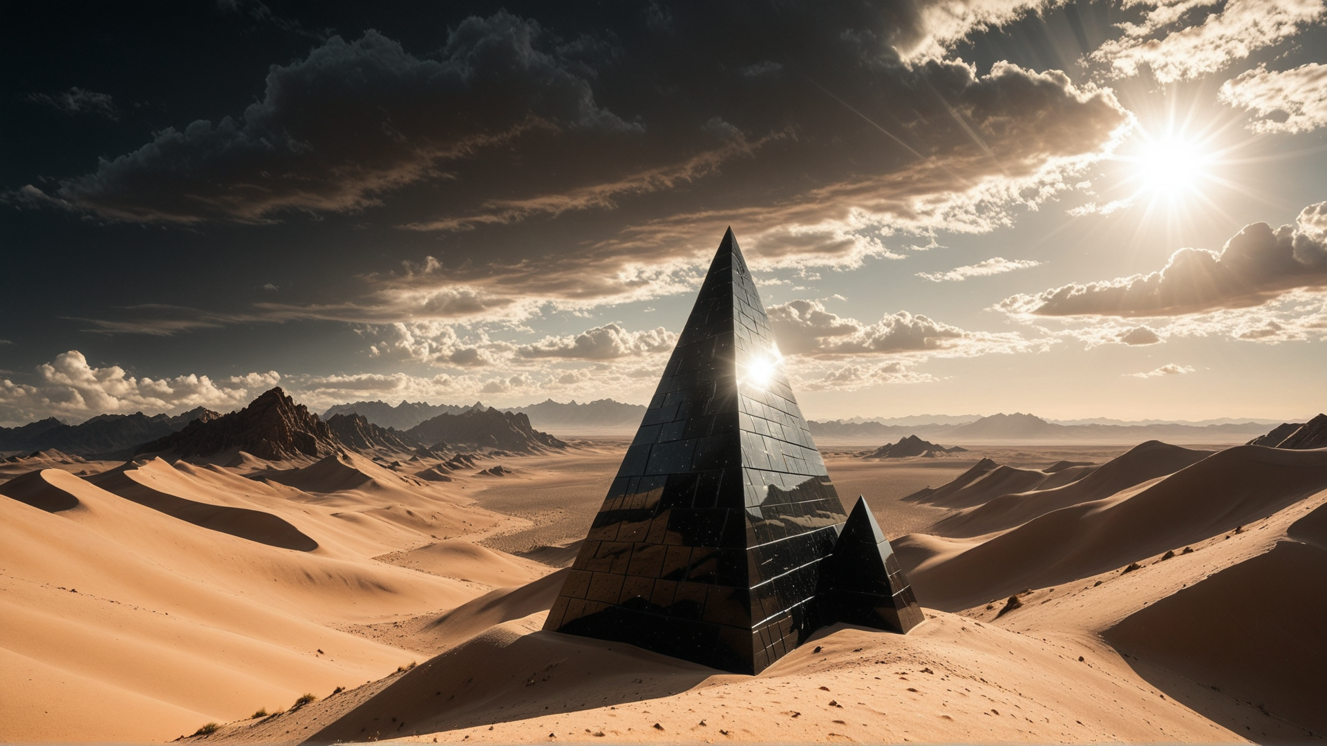 AI generated wallpaper featuring pyramid, desert, sand dunes, mountains, sun, clouds