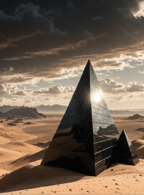 pyramid, desert, sand dunes, mountains, sun, clouds