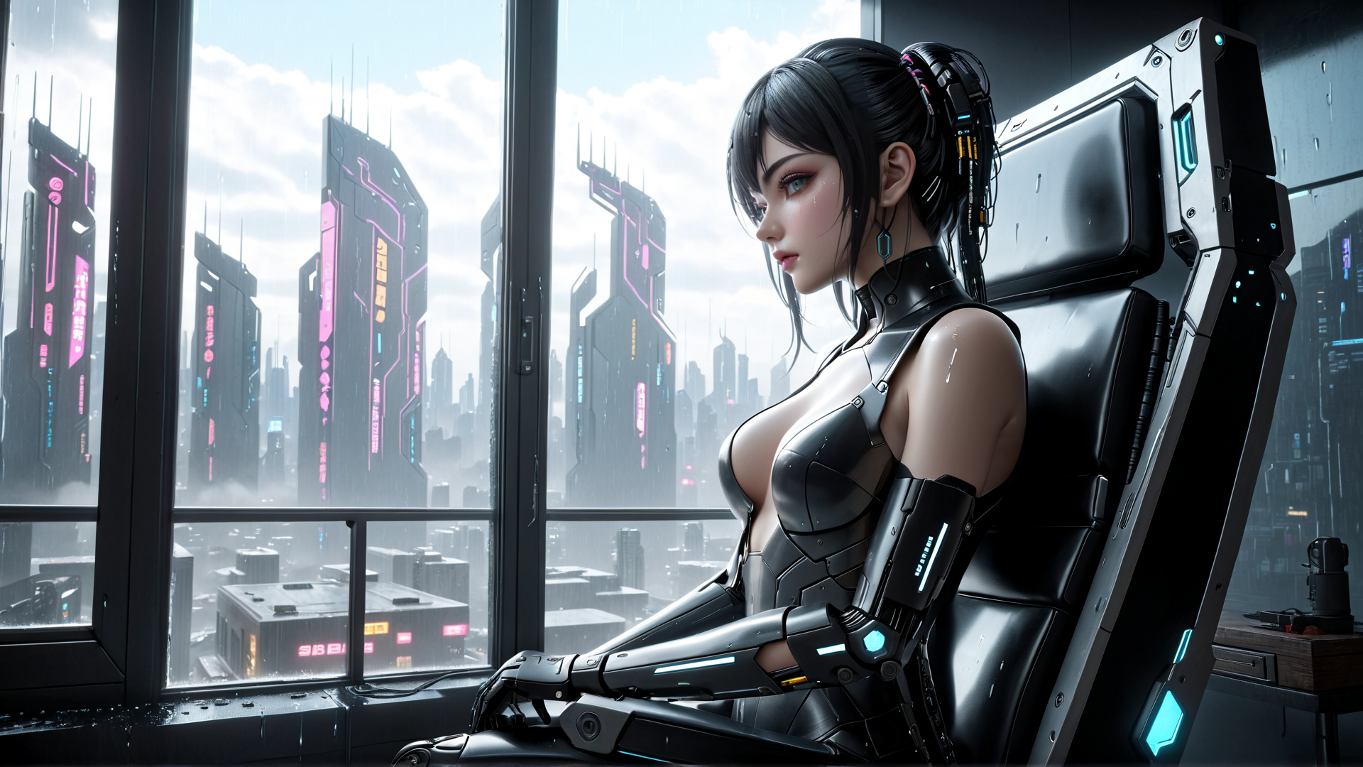 AI generated wallpaper featuring cyborg, woman, cityscape