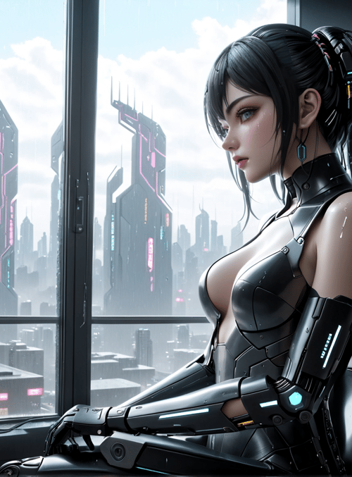cyborg, woman, cityscape