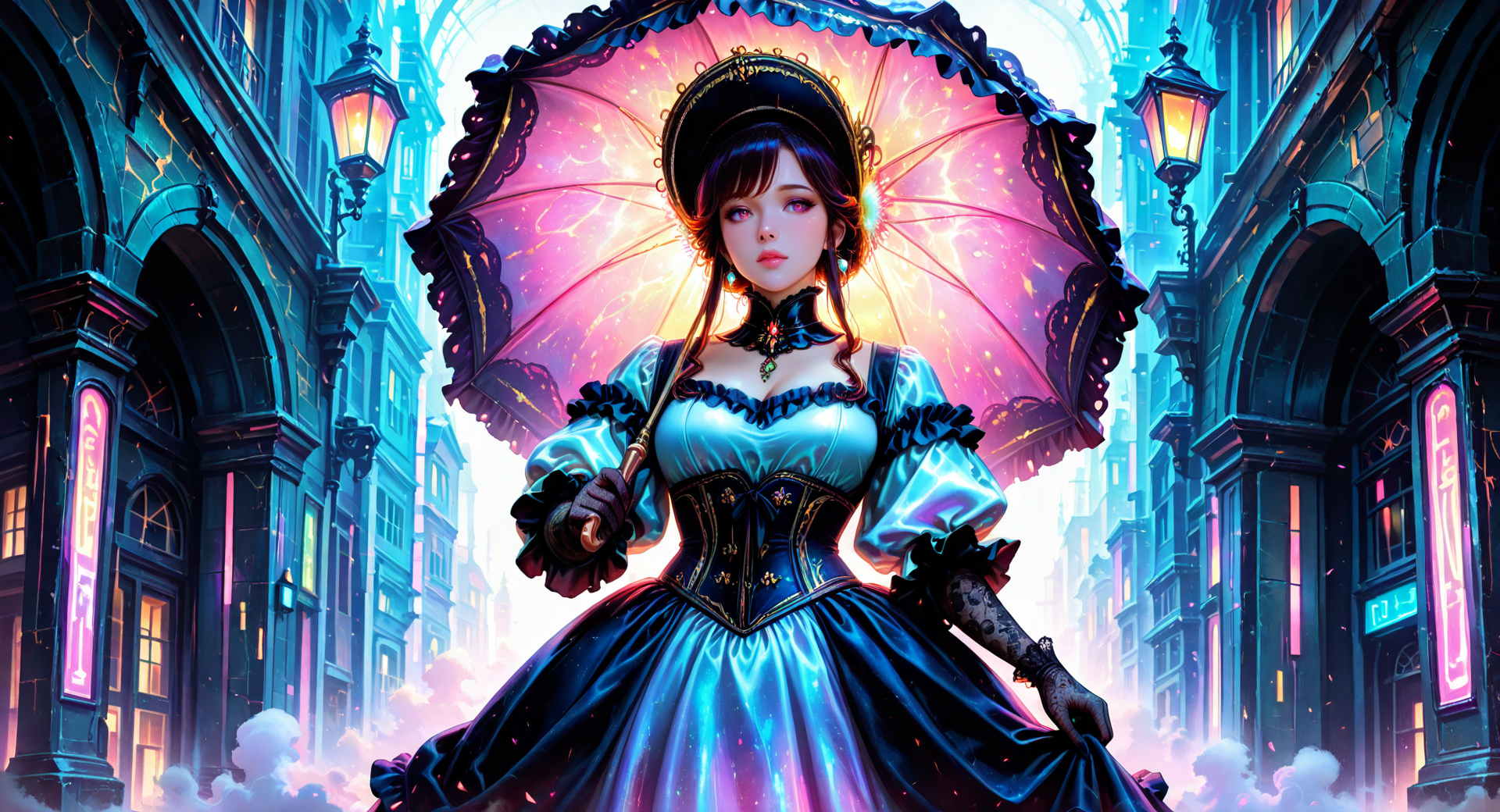 AI generated wallpaper featuring woman, umbrella, dress