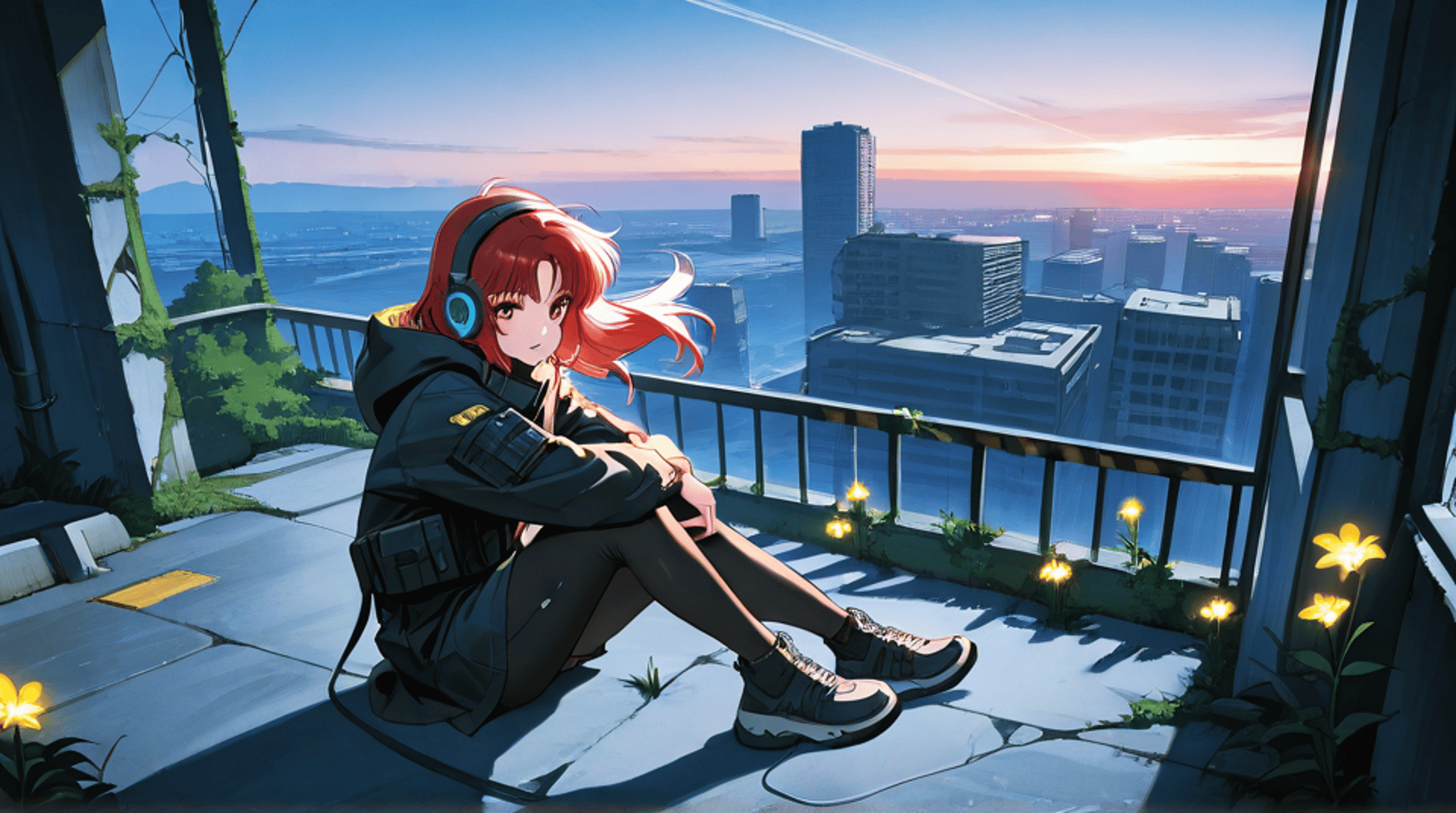 AI generated wallpaper featuring girl, cityscape, flowers