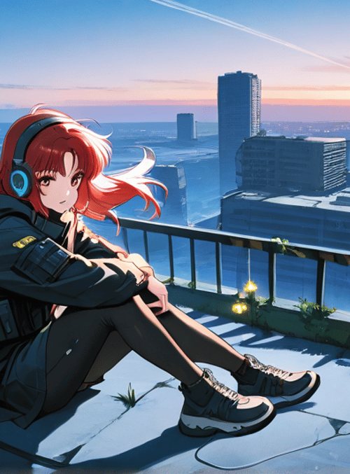 girl, cityscape, flowers
