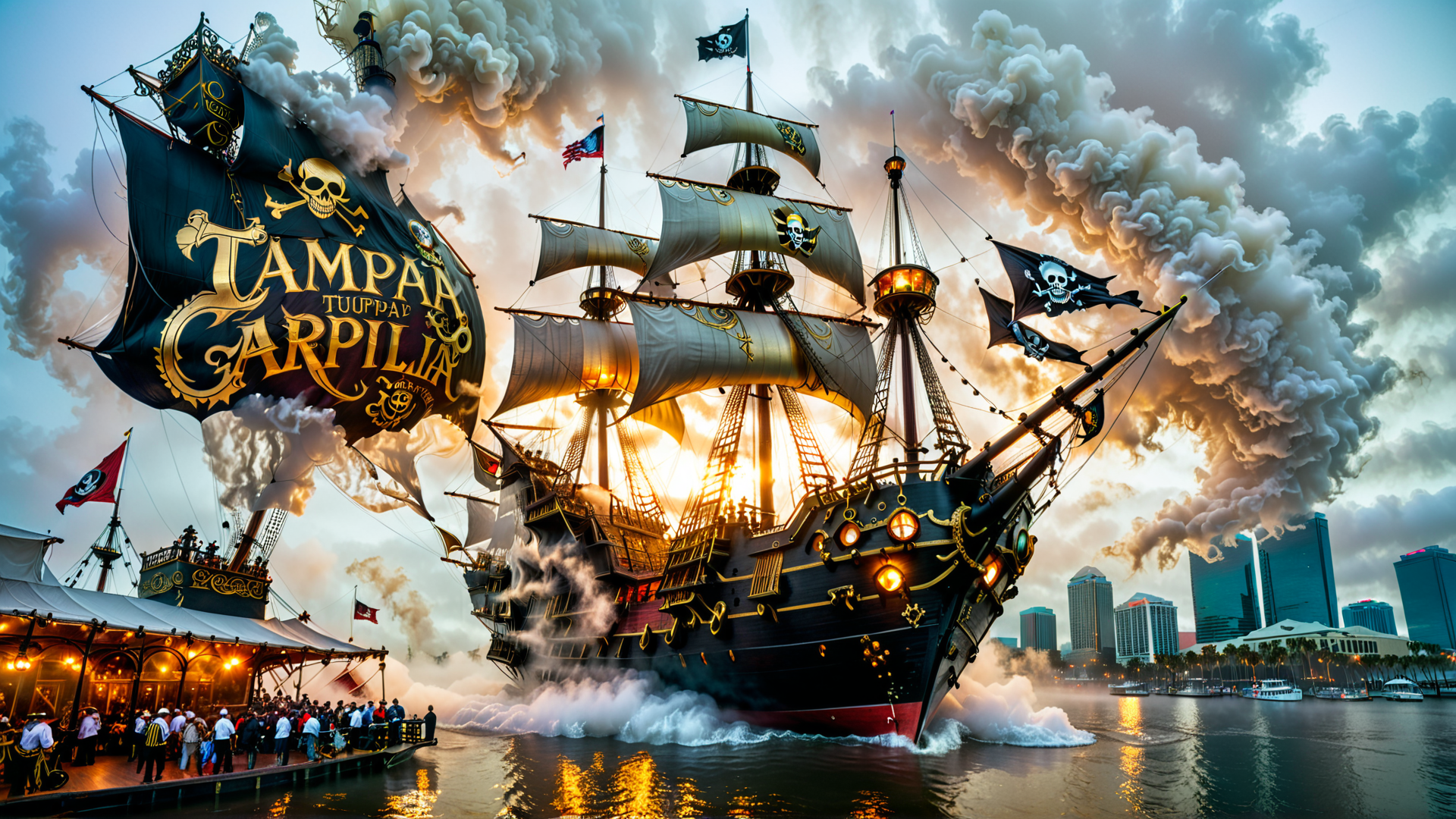 AI generated wallpaper featuring pirate ship, sailboat, crowd, cityscape, flag, skyscraper, sun, smoke, boat, sunset