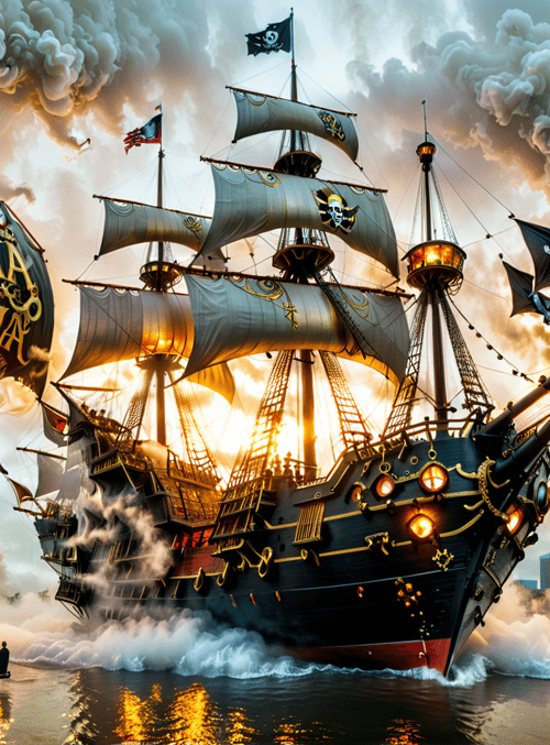 pirate ship, sailboat, crowd, cityscape, flag, skyscraper, sun, smoke, boat, sunset