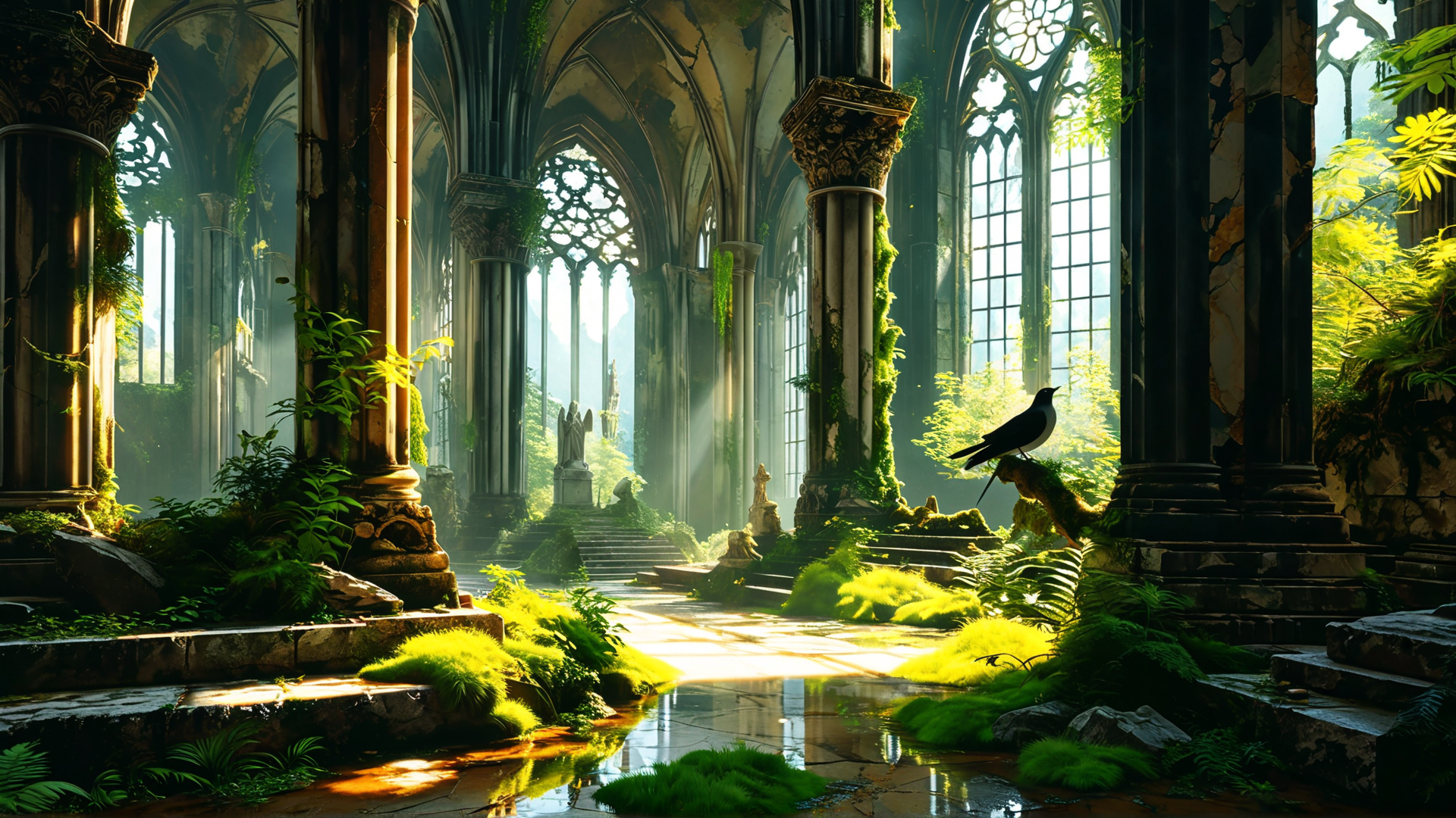 AI generated wallpaper featuring church, columns, bird, plants, staircase, statue, light, mosaic, garden, arch