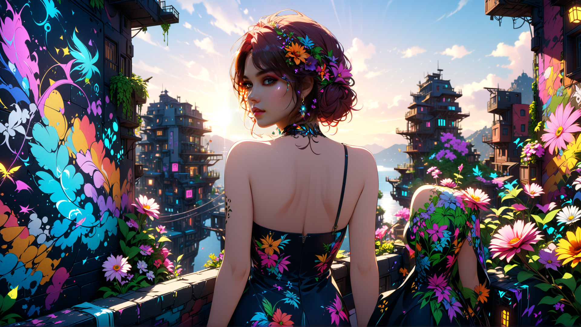 AI generated wallpaper featuring woman, cityscape, flowers