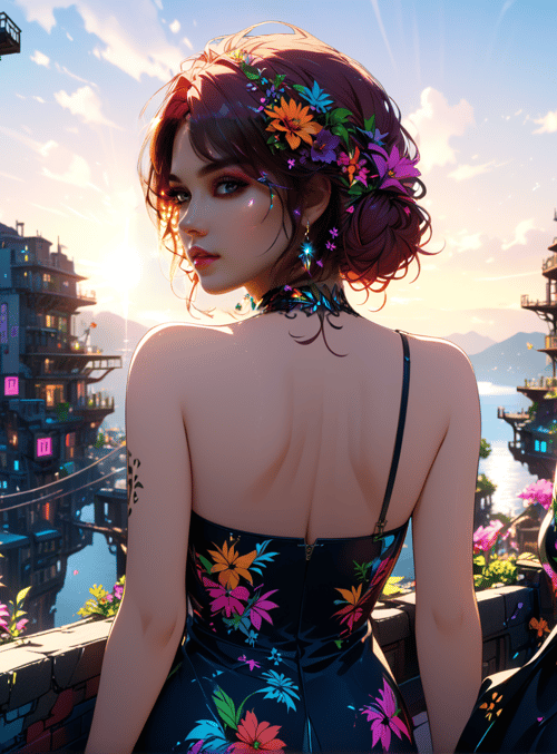woman, cityscape, flowers