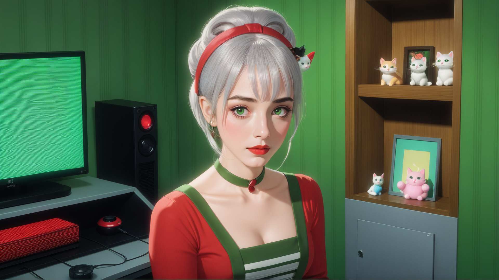 AI generated wallpaper featuring woman, cat, monitor, shelf, choker