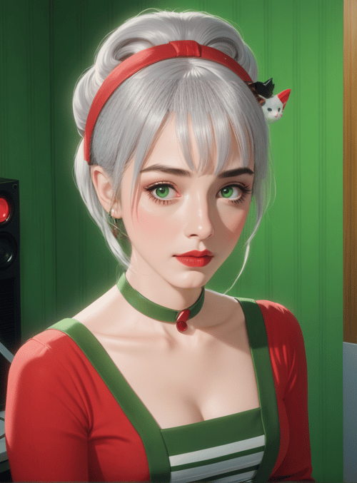 woman, cat, monitor, shelf, choker