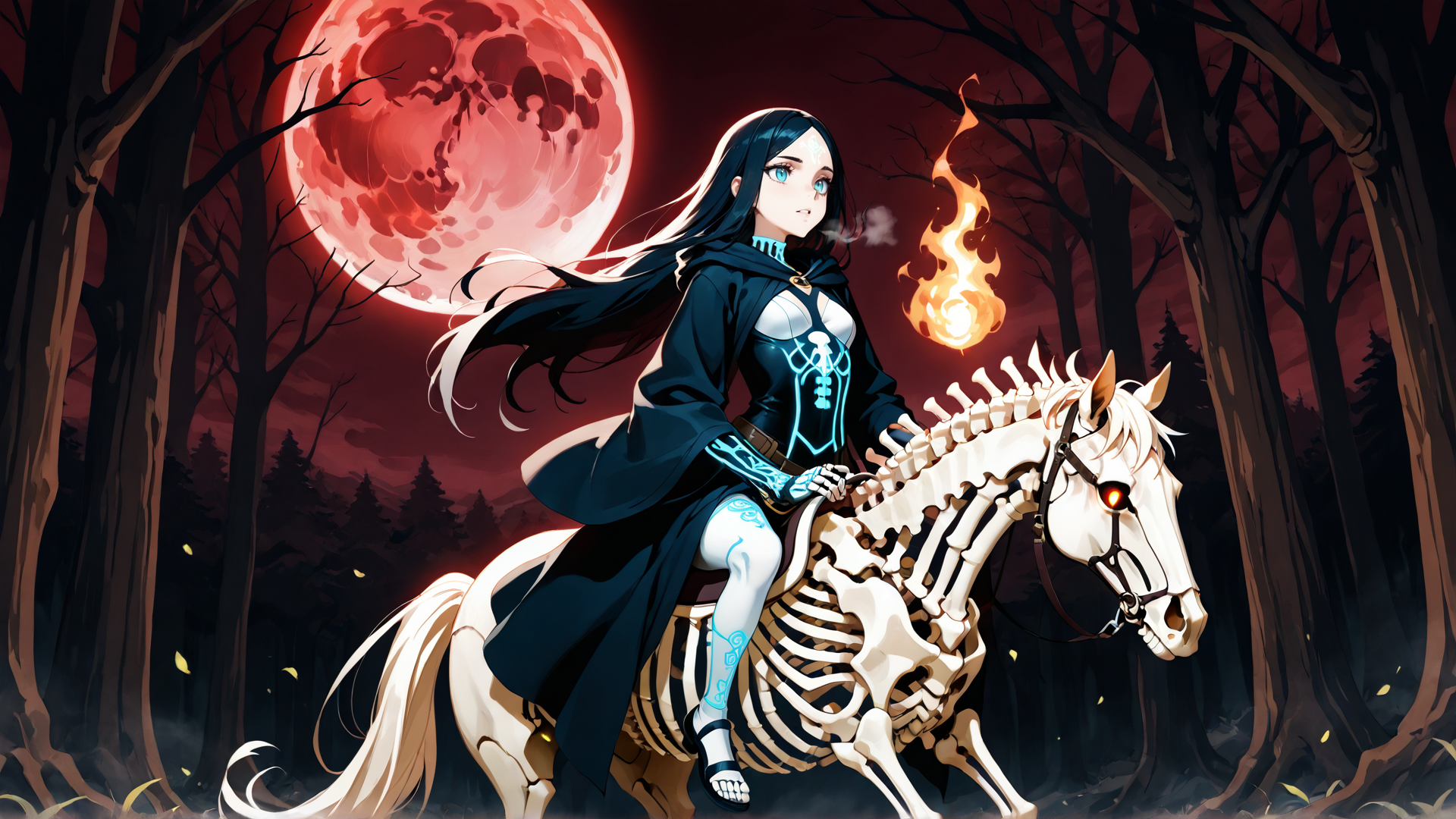 AI generated wallpaper featuring woman, skeleton horse, fire, forest, moon, hood