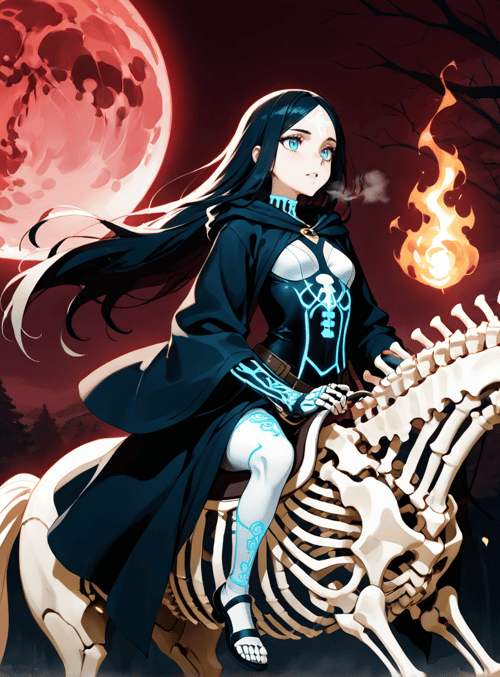 woman, skeleton horse, fire, forest, moon, hood