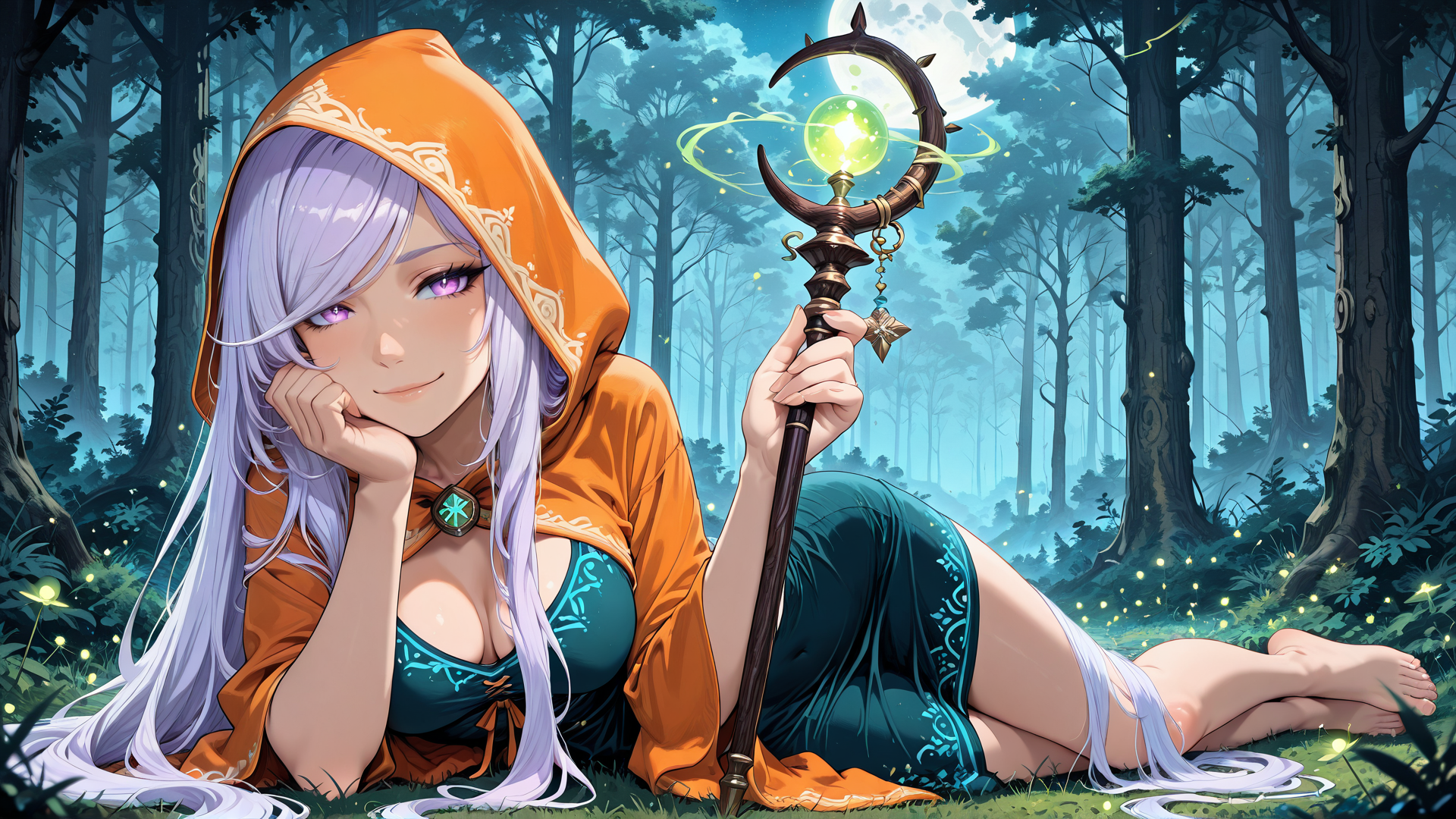 AI generated wallpaper featuring witch, forest, moon, fairy, firefly, staff, hood, lunar, glowing, moonlight