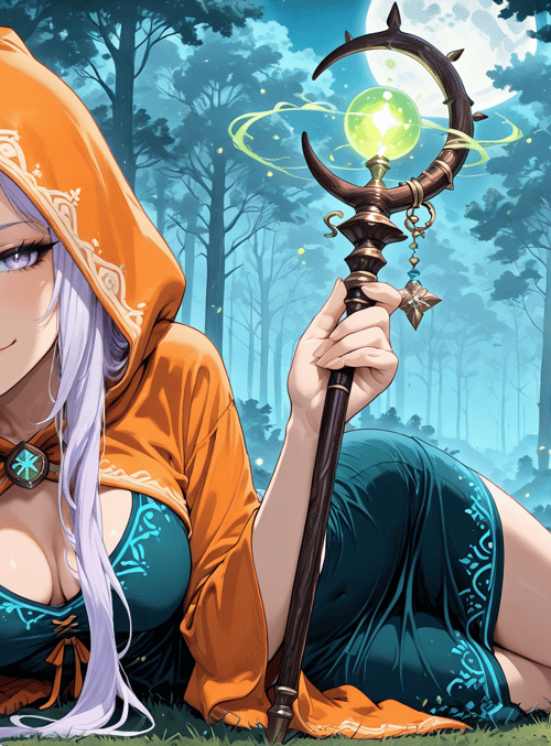 witch, forest, moon, fairy, firefly, staff, hood, lunar, glowing, moonlight