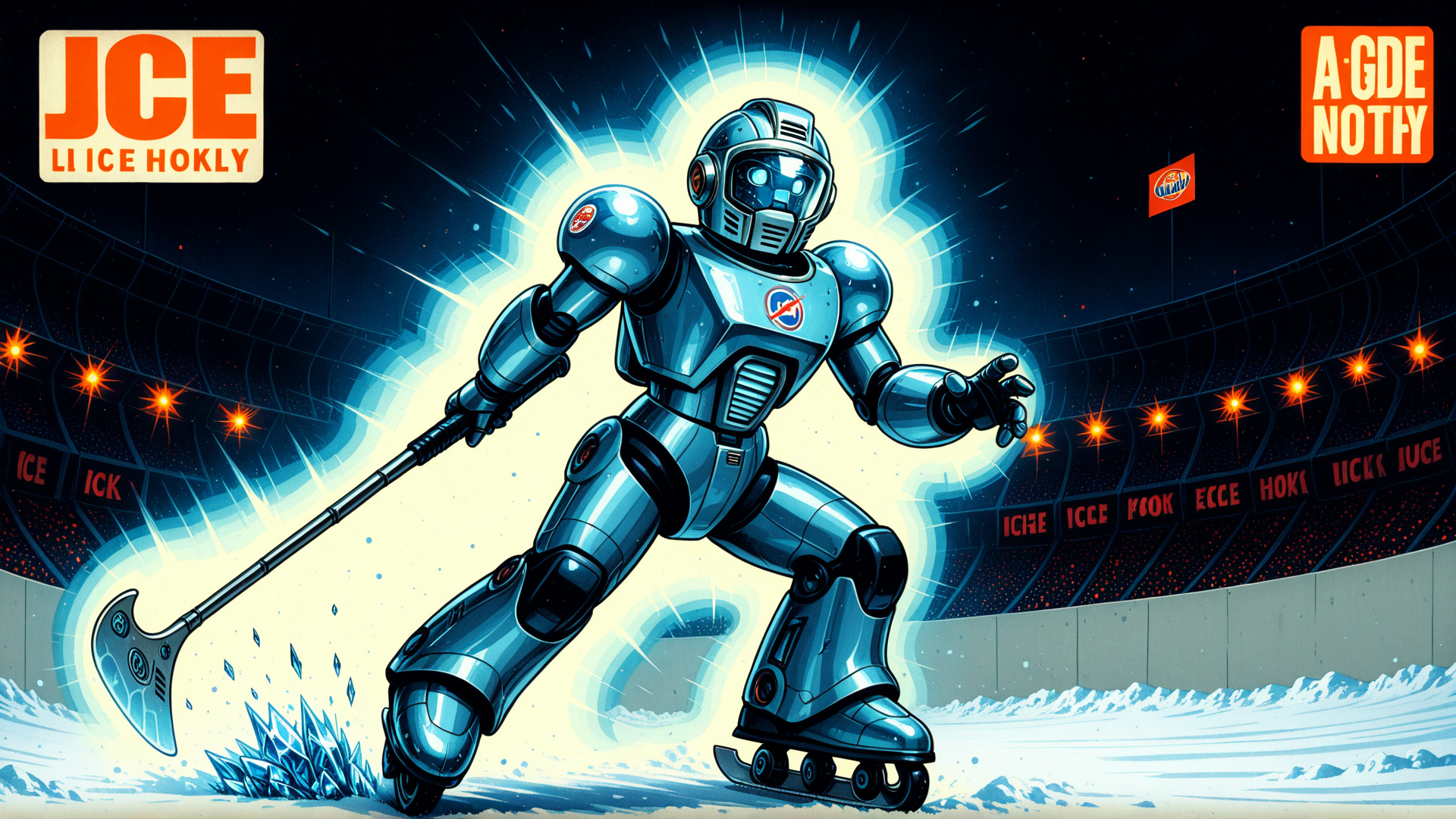 AI generated wallpaper featuring robot, ice hockey, rink, puck, skates, helmet, gloves, stick, stadium, ice