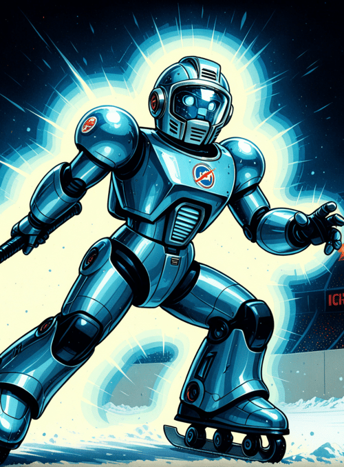 robot, ice hockey, rink, puck, skates, helmet, gloves, stick, stadium, ice