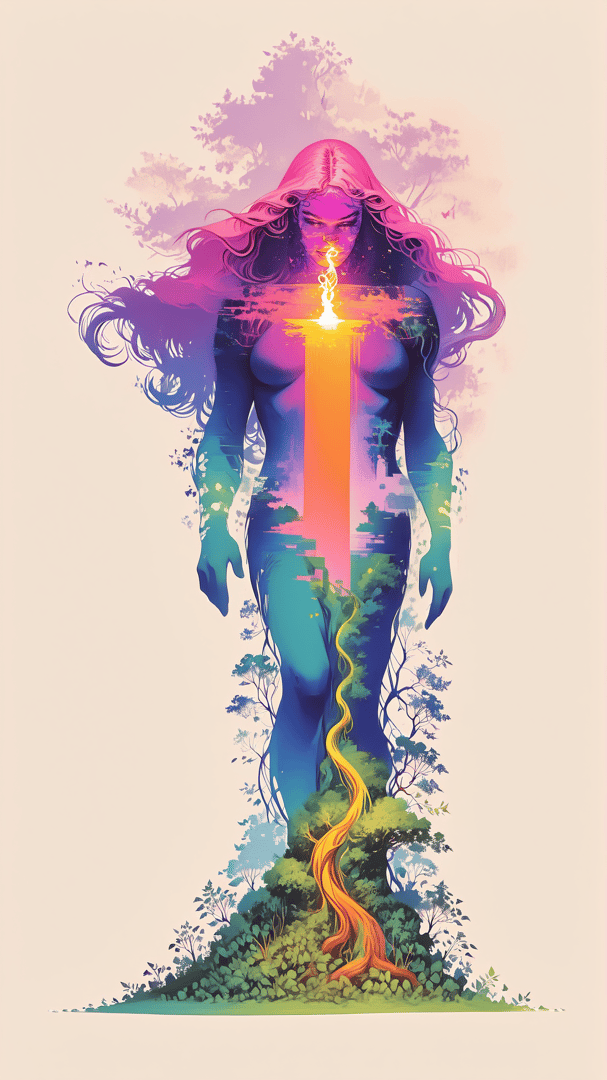 AI generated wallpaper featuring goddess, nature, forest, woman, tree