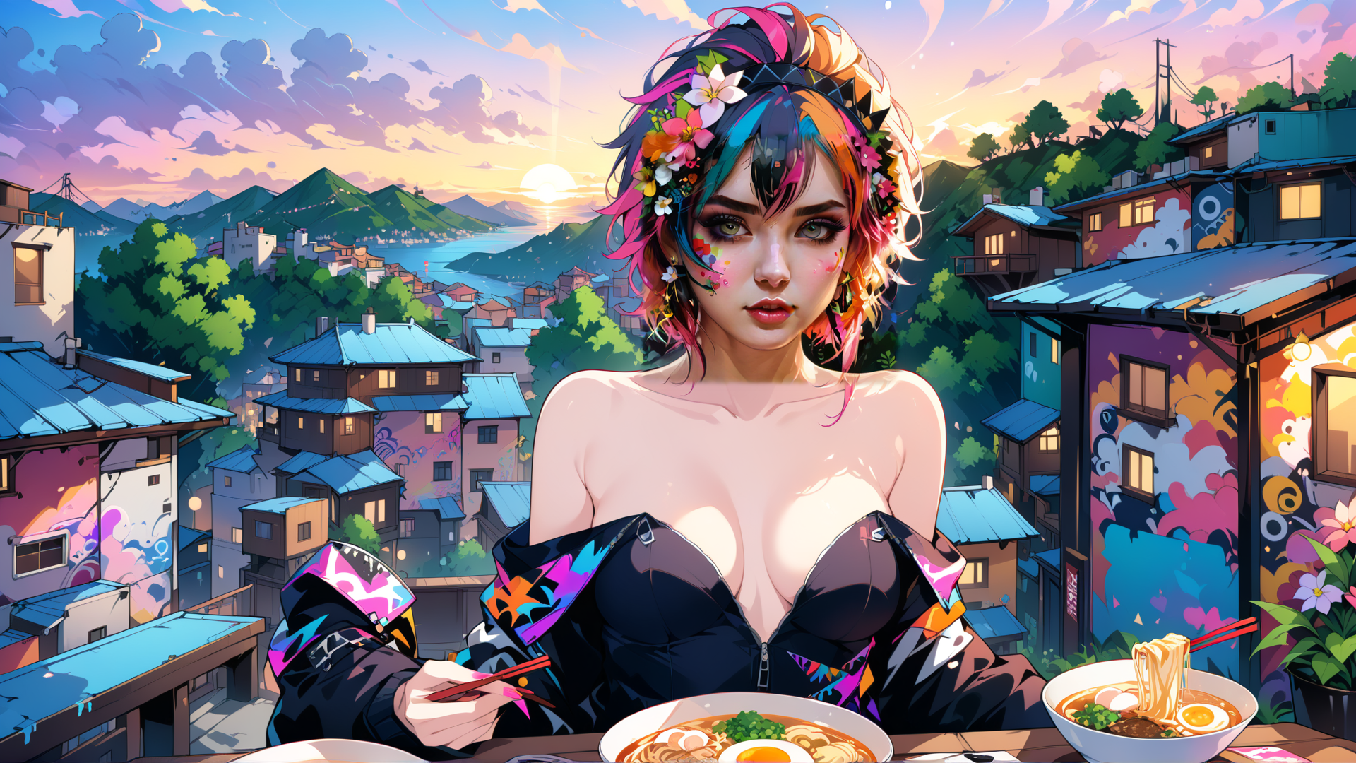 AI generated wallpaper featuring woman, noodles, city
