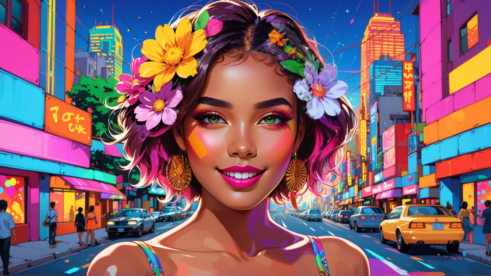 AI generated wallpaper featuring woman, cityscape, flowers