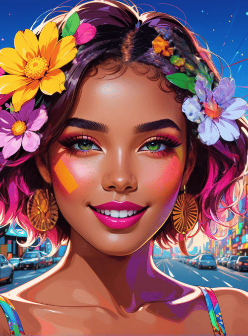 woman, cityscape, flowers