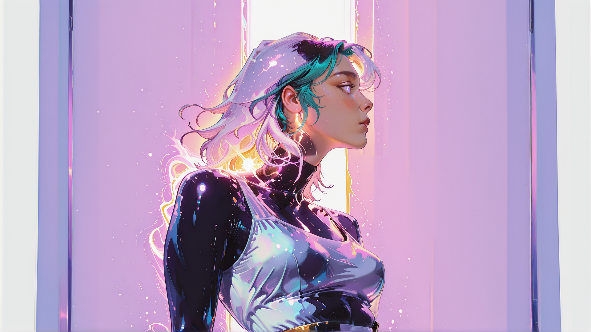 AI generated wallpaper featuring woman, cyberpunk, character, hair, fashion