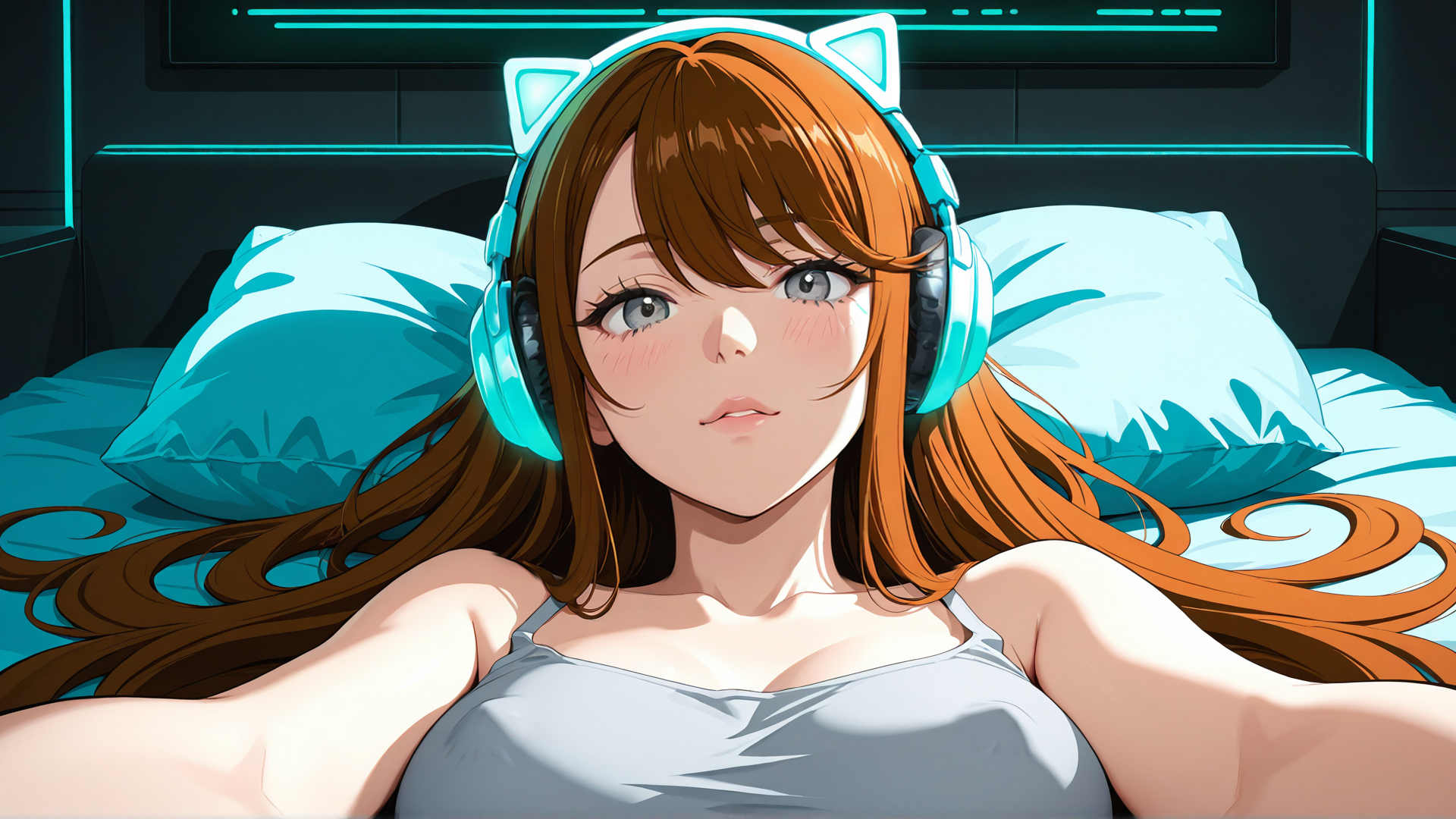 AI generated wallpaper featuring woman, cat ear headphones, bed, pillow, bedding