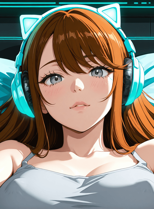 woman, cat ear headphones, bed, pillow, bedding