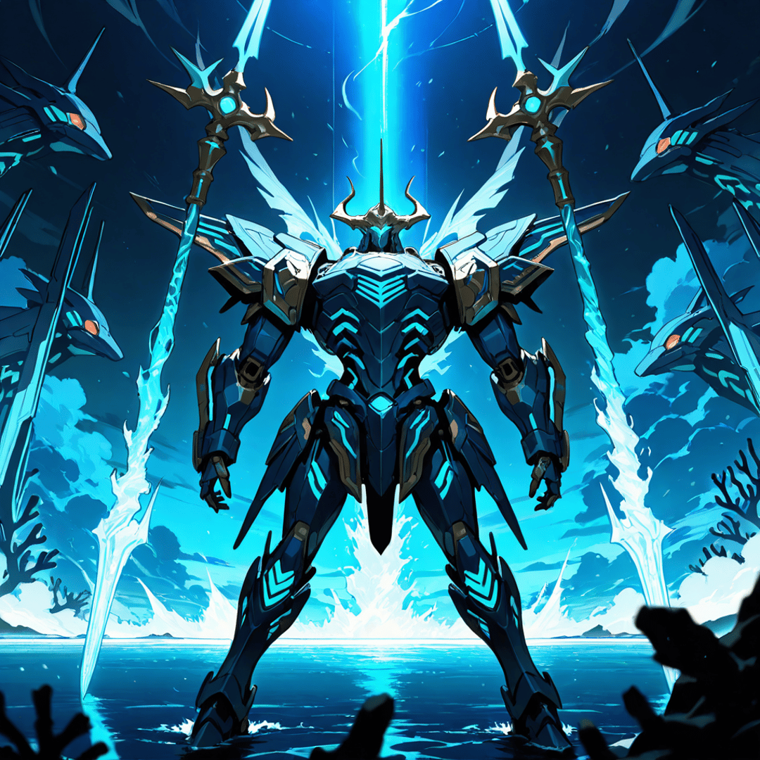 AI generated wallpaper featuring robot, armor, swords