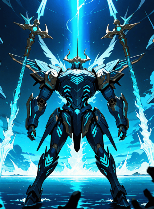 robot, armor, swords