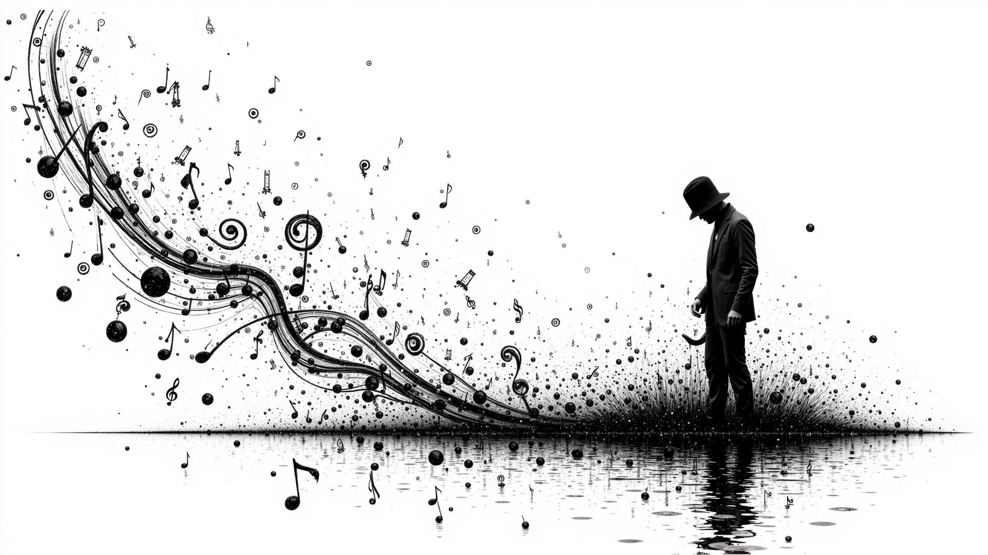 AI generated wallpaper featuring man, music notes, water, hat, suits, dots, spirals, reflections, circles, silhouette