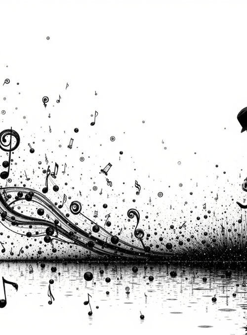 man, music notes, water, hat, suits, dots, spirals, reflections, circles, silhouette