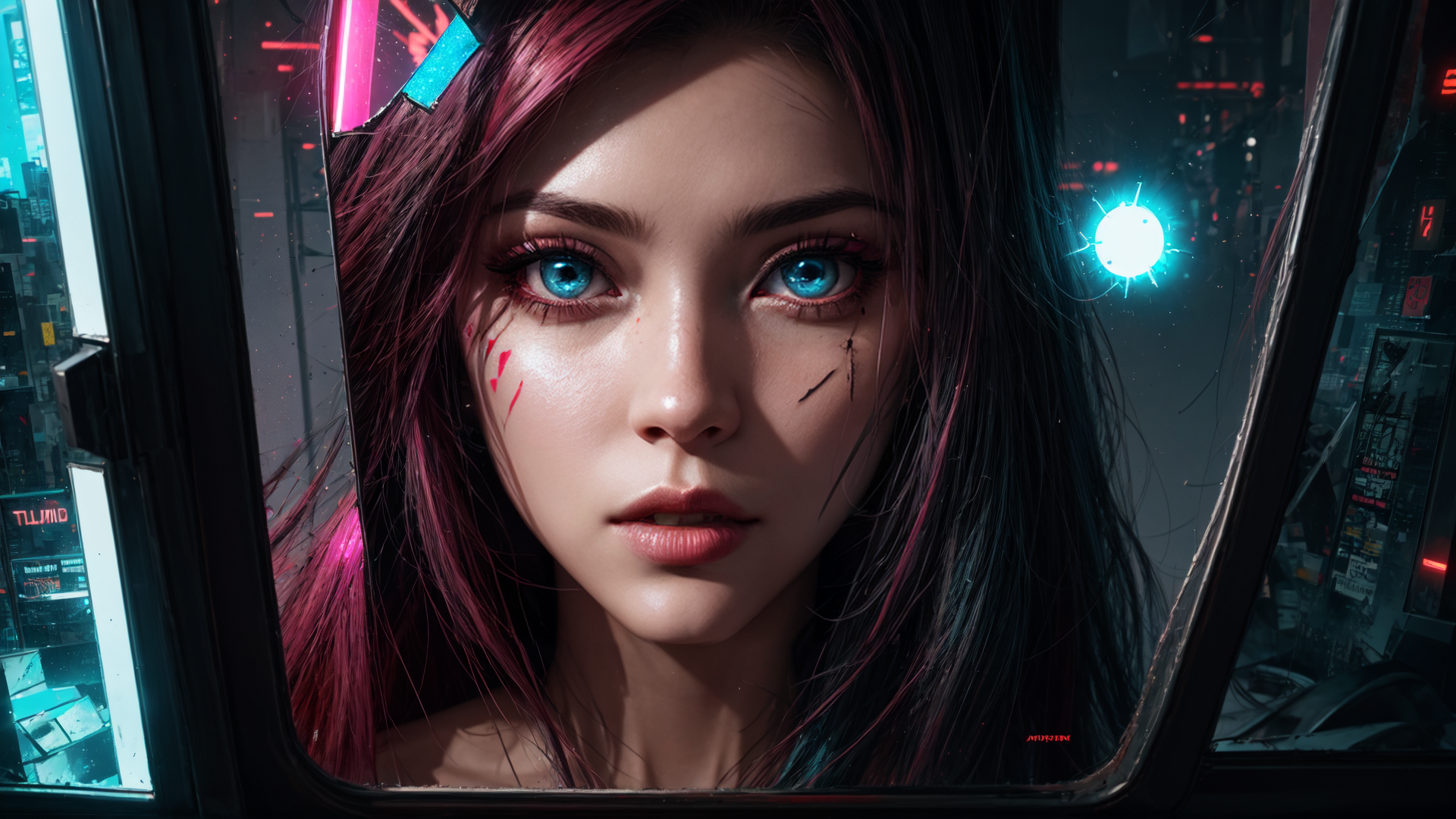 AI generated wallpaper featuring woman, neon, cityscape, mirror, cyberpunk