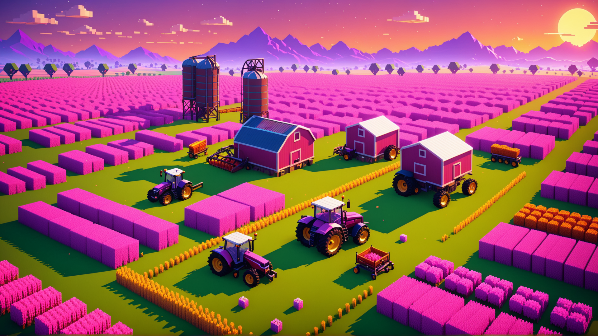 AI generated wallpaper featuring farm, tractor, field, barn, silo, crop, tractor trailer, hay, harvest, sun