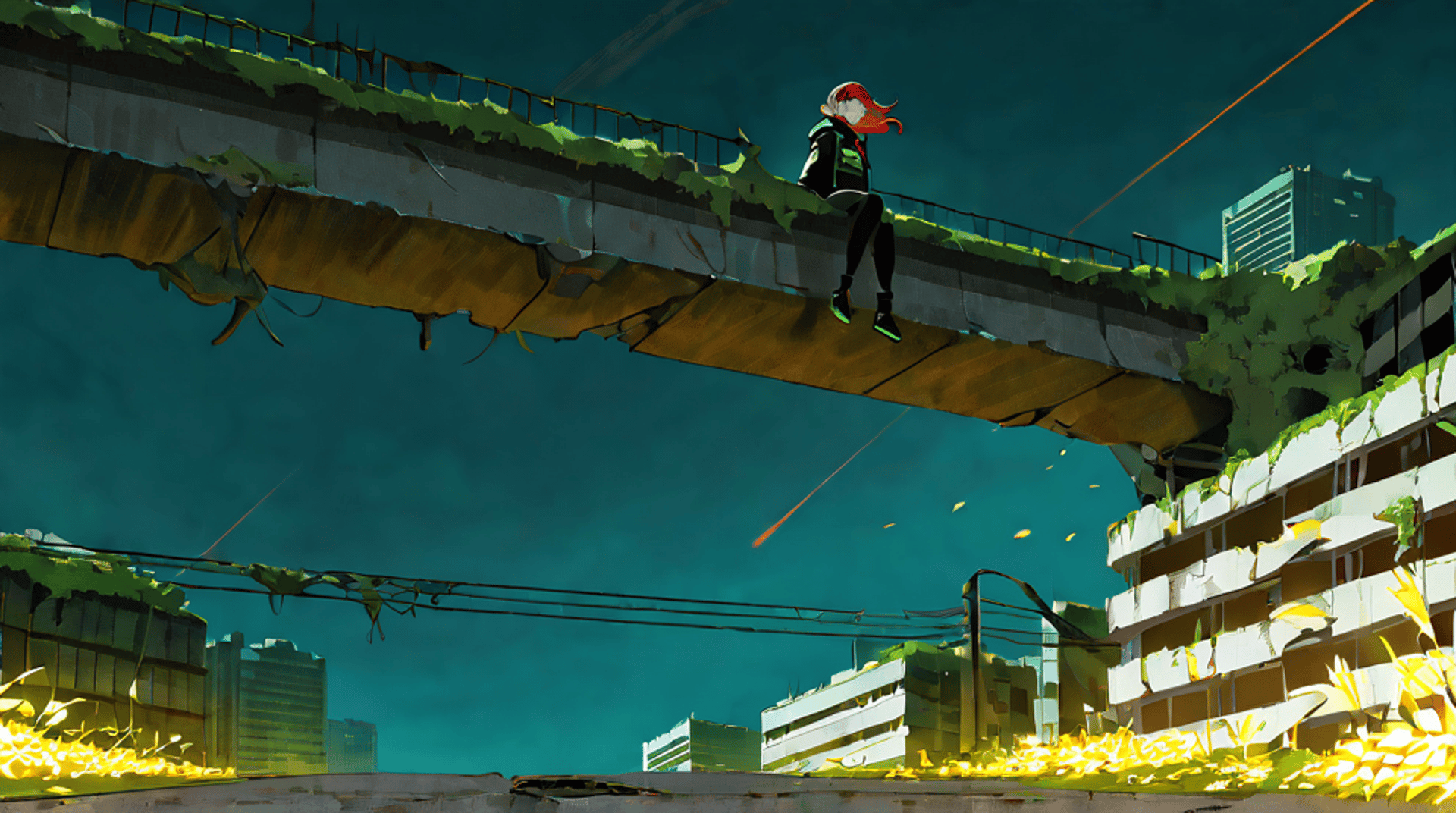 AI generated wallpaper featuring girl, bridge, city