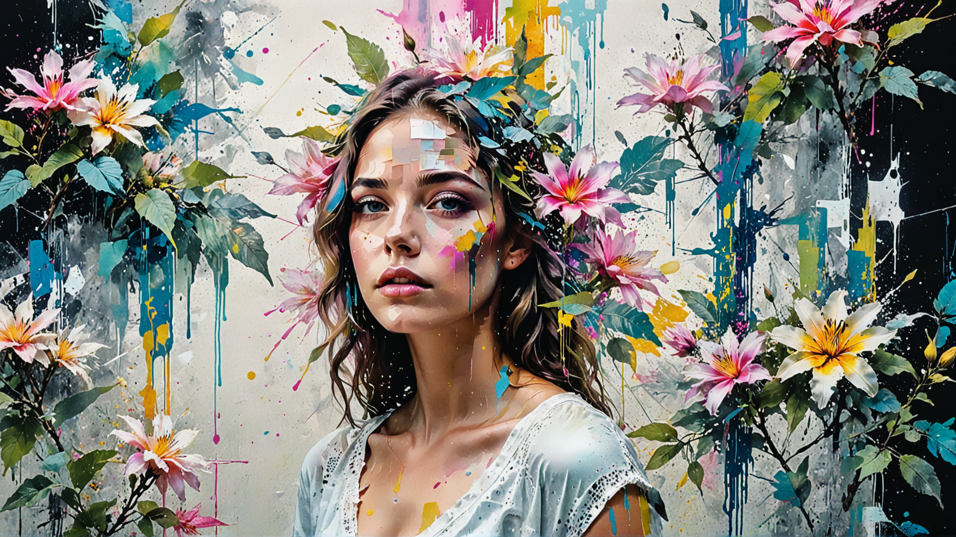 AI generated wallpaper featuring woman, flowers, paint