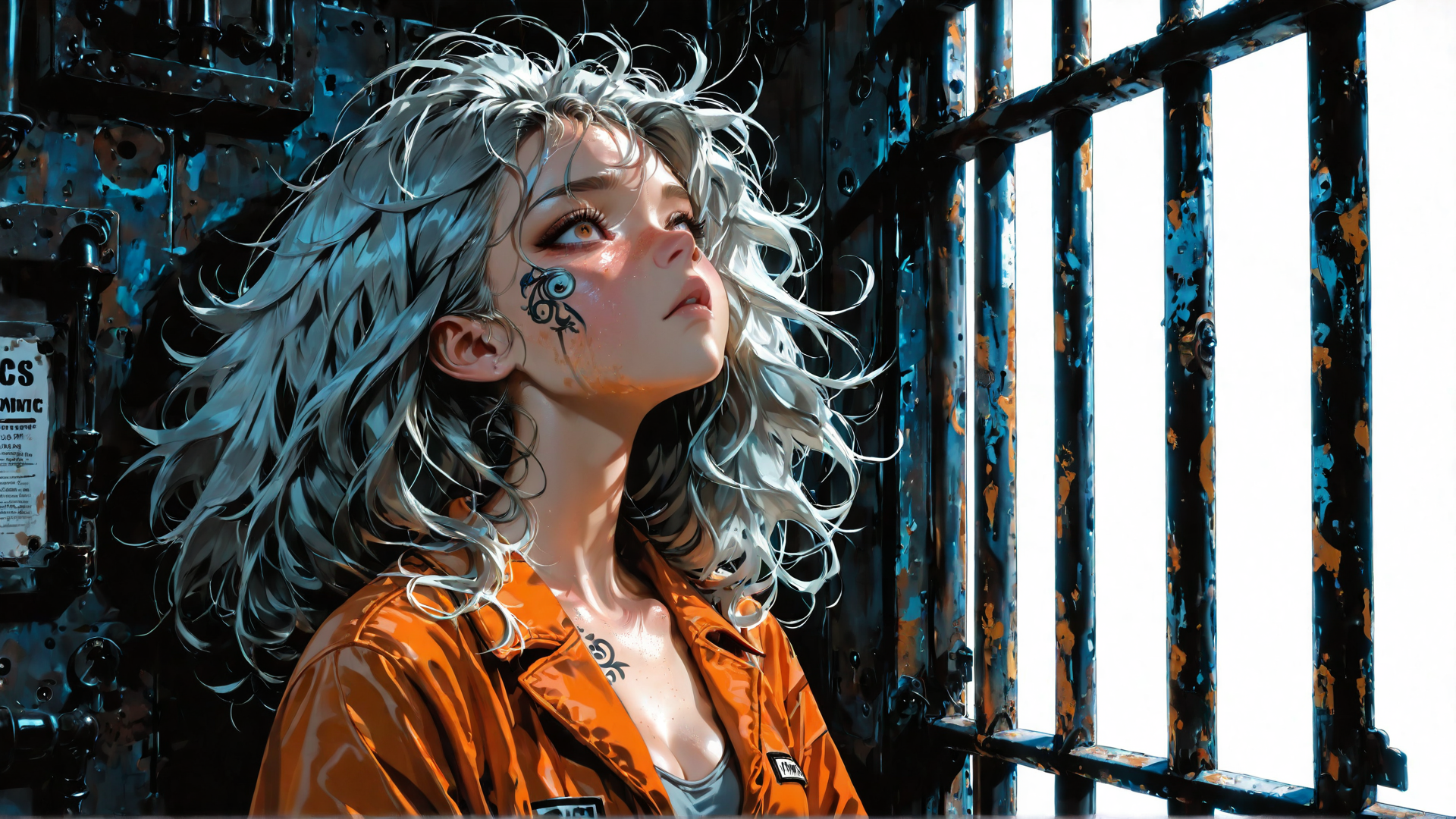 AI generated wallpaper featuring woman, prison, hair, jacket, tattoo, bar, metal, window, sweat, eye