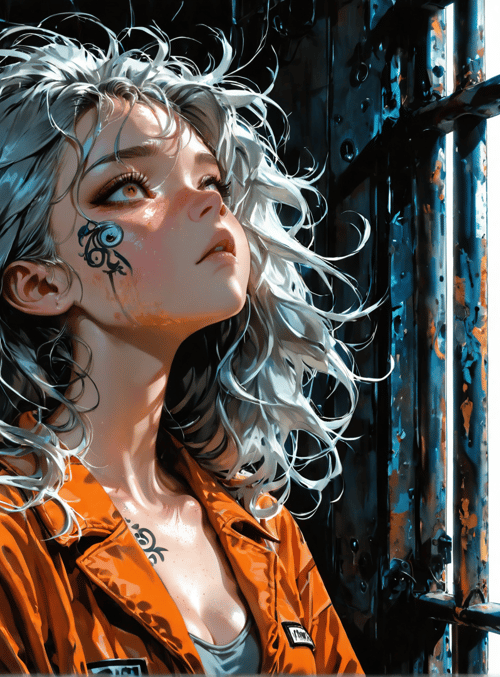 woman, prison, hair, jacket, tattoo, bar, metal, window, sweat, eye