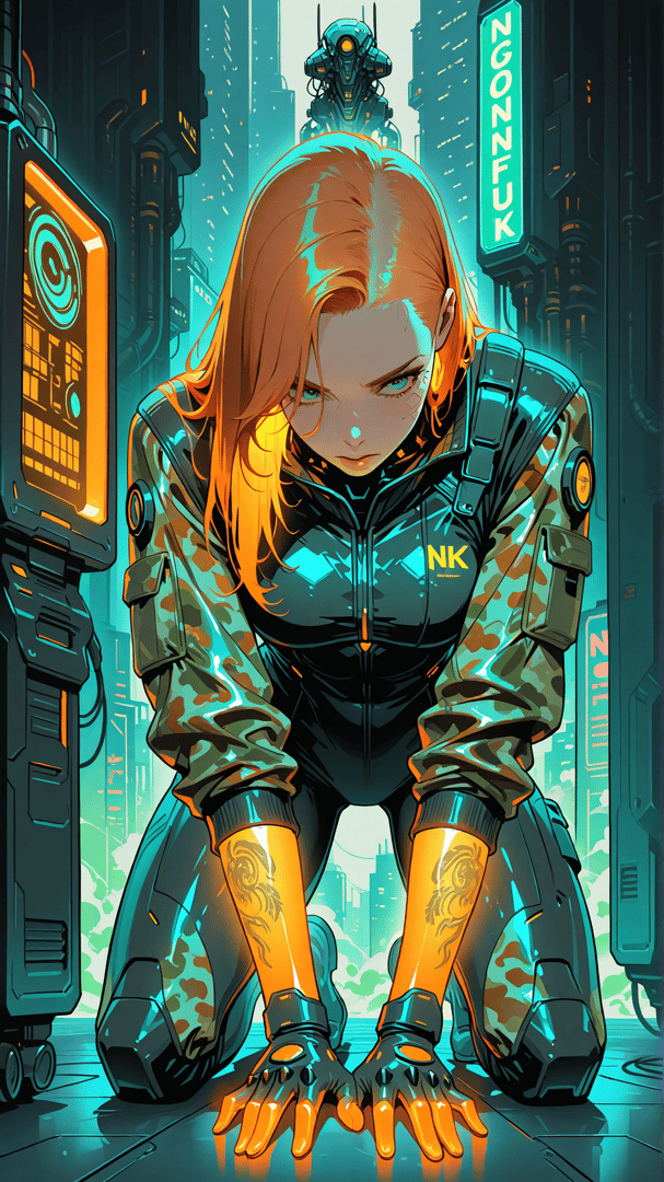 AI generated wallpaper featuring woman, cyborg, neon, city